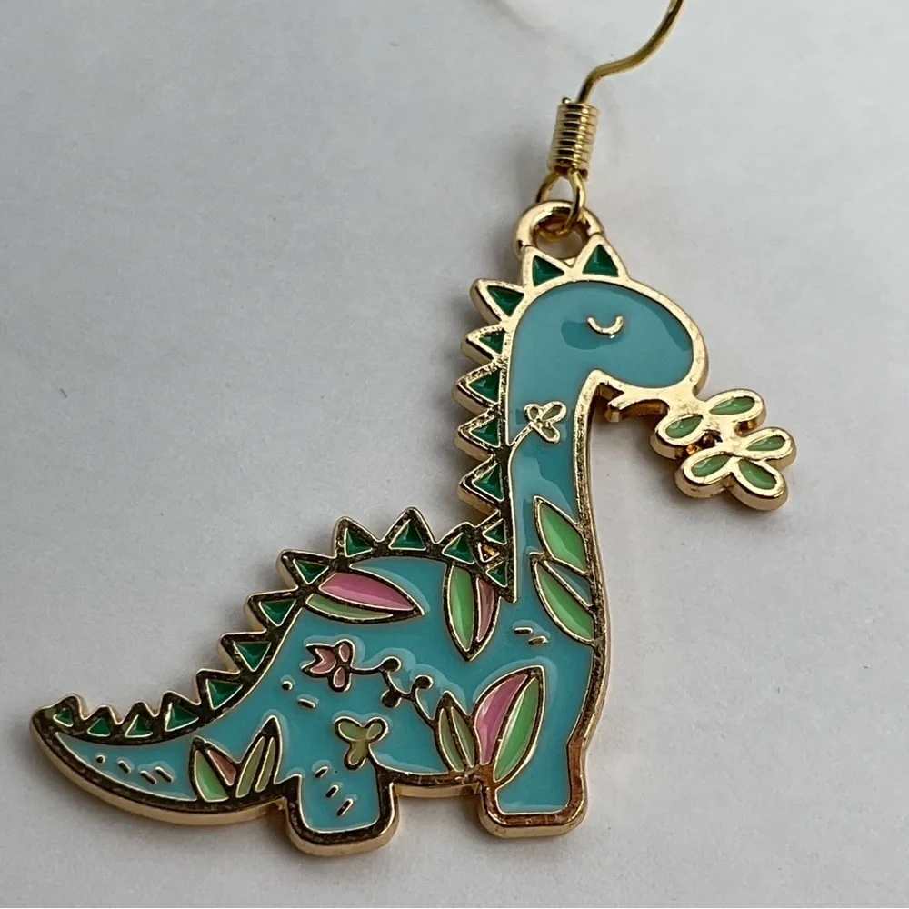 Dinosaur Earrings Hook Enamel Jewelry Gift Prehistoric Animal Stegosaurus Blue - Picture 2 of 5